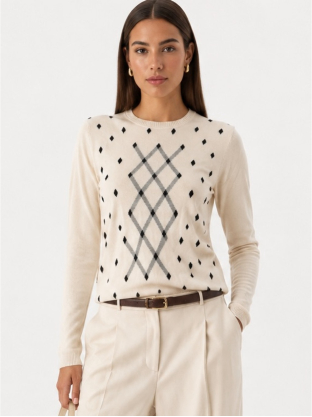 Lizgolf Ivory Argyle Diamond Knit Sweater Size Small
